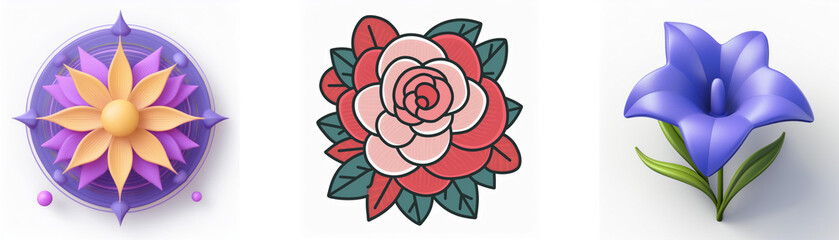 Wall Mural - image showcases three flower icons. first is a 3d purple and orange round flower. second is a drawin