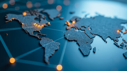 Poster - Abstract World Map with Illuminated Network Connections Depicting Global Communication and Technology Trends in a Modern Design