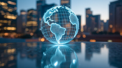 Poster - Digital globe with glowing grid representation over city skyline at sunset, symbolizing global connectivity and technology in modern urban life