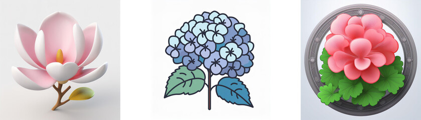 Wall Mural - three floral images: a pink magnolia, a blue hydrangea, and a pink flower within a gray circular fra