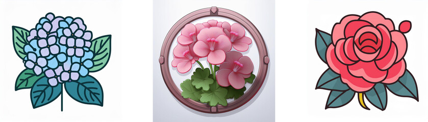 Wall Mural - three floral icons: a blue hydrangea, a pink geranium inside a circle, and a red rose. each flower h