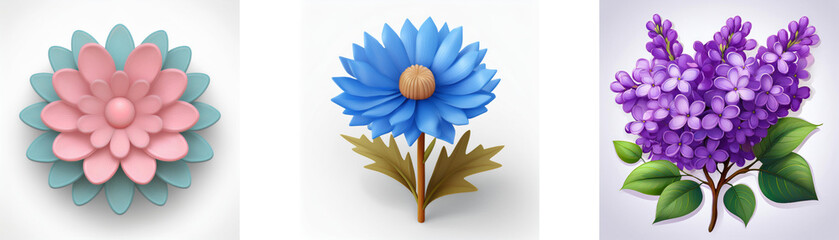 Wall Mural - three illustrations of flowers, including a layered pink and green flower, a blue daisy, and a purpl