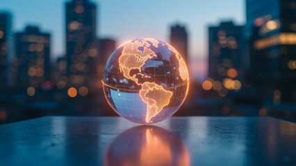 Poster - Digital Globe with Illuminated Map Over Cityscape at Dusk Representing Global Connectivity and Modern Technology