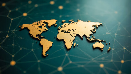Poster - Detailed Golden World Map on a Teal Background Featuring Connected Nodes and Geometric Patterns for Global Connectivity Representation