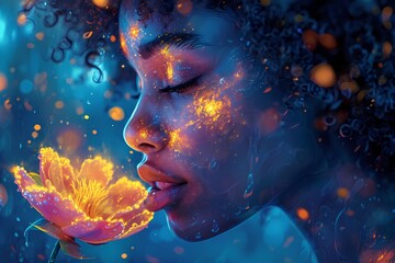 African american woman with glowing flower and magical sparkles in profile view on blue background. Fantasy beauty art concept with glitter makeup. Mystical portrait