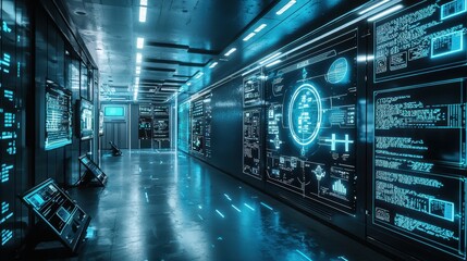 Poster - Futuristic Technology Corridor with Digital Displays and Neon Lights