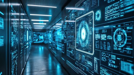 Poster - Futuristic Data Hallway with Digital Displays and Technology Interfaces