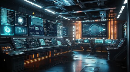 Poster - Futuristic Control Room with High-Tech Displays and Advanced Interfaces