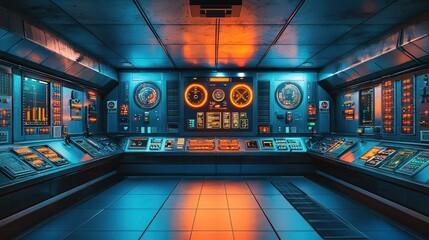 Poster - Futuristic Control Room with Colorful Lighting and High-Tech Displays