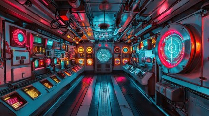 Poster - Futuristic Control Room with Neon Lights and Advanced Technology