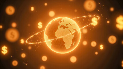Poster - Vibrant digital globe with money symbols and glowing effects representing global economy and financial growth in a modern and abstract style