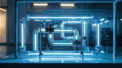 Poster - Innovative Industrial Pipeline System with Neon Blue Lighting
