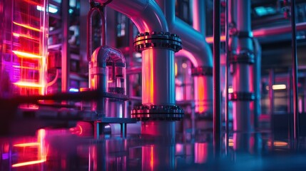 Poster - Futuristic Industrial Pipeline System with Neon Lighting Effects