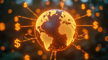 Poster - Orange glowing globe with dollar signs illustrating global finance, economy, and investment concept in a digital world connected by technology