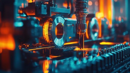 Poster - Industrial Machinery in Action with Bright Blue and Orange Lighting