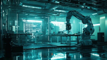 Poster - Futuristic Robotic Arm in Advanced Industrial Facility Environment
