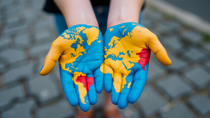 Poster - Artistic Representation of World Map on Hands with Vibrant Colors Showcasing Global Unity and Cultural Diversity