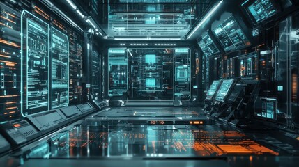 Poster - Futuristic Digital Control Room with Neon Lights and High-Tech Displays