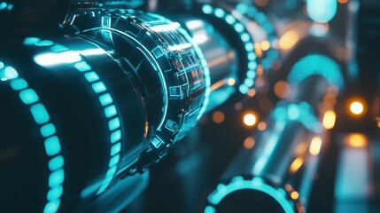 Poster - Futuristic Industrial Pipes with Neon Lights in a Dark Environment