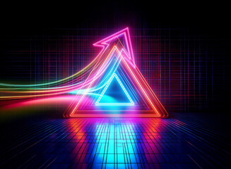 Vibrant neon triangle and arrow glow with a double exposure effect, illuminating a dark grid floor with colorful reflections.  Dynamic and modern abstract design.