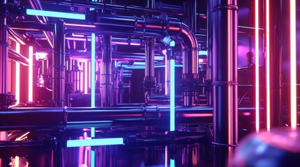 Poster - Futuristic Neon Pipeline in Abstract Industrial Environment