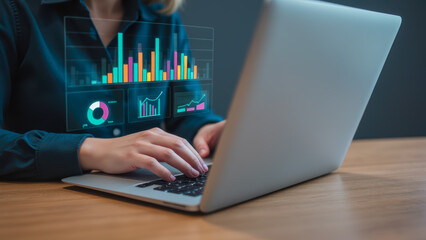 Poster - Business professional working on laptop with digital financial graphs and charts displaying performance metrics and analytics in modern workspace
