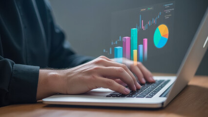 Poster - Business professional analyzing financial data with charts and graphs on laptop in modern workspace for corporate growth and analytics