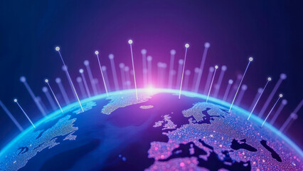 Poster - Futuristic Global Connectivity Concept with Particle Effects and Bright Lines Representing Data Flow over Earth Surface at Night