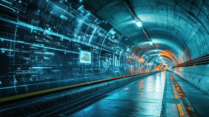Poster - Futuristic Digital Tunnel with Neon Lights and Data Visualizations
