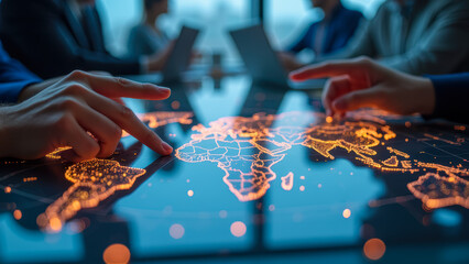 Poster - Collaborative Business Strategy Meeting on a Digital World Map with Focus on International Markets and Growth Opportunities