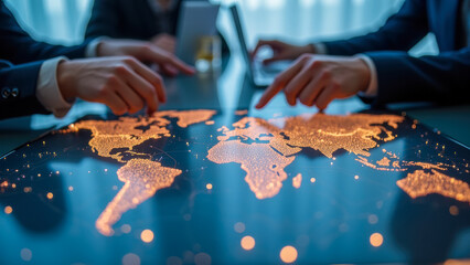Poster - business professionals analyzing a glowing world map with data visualization, discussing global mark