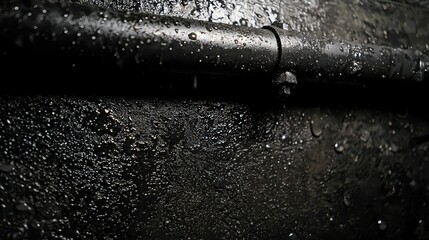 Poster - Water droplets on dark surface with pipe reflections in background