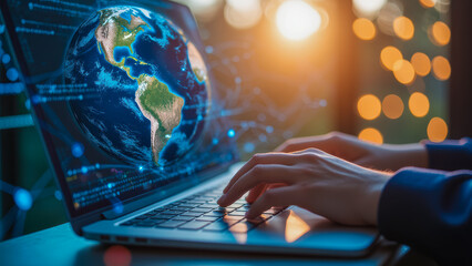 Poster - Person typing on laptop with digital globe and glowing connections representing global communication and technology advancement during sunset