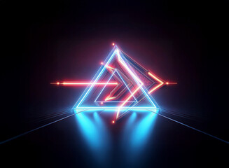 Poster - Geometric abstraction with double exposure effect. Neon triangles glow with blue and red light against a dark backdrop, creating a futuristic and vibrant digital art piece.