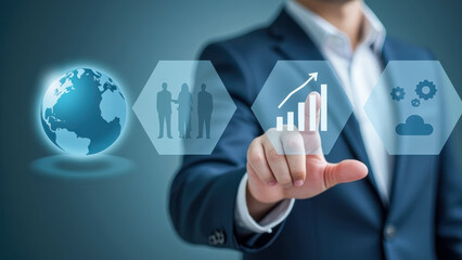 Poster - Business Professional Using Technology to Analyze Global Market Trends with Interactive Data Visualization Elements and Future Growth Projections