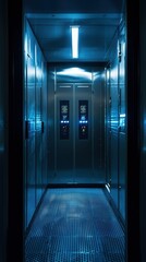 Poster - Modern Data Center Hallway with Bright Lights and Steel Walls