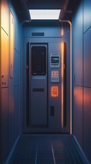 Poster - Futuristic Corridor with High-Tech Control Panel and Ambient Lighting