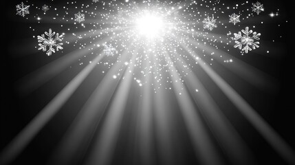 Poster - Sparkling winter light rays, snowflakes, dark background, holiday design