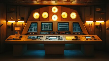 Poster - Retro Futuristic Control Room with Digital Screens and Panels