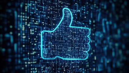 Digital blue thumbs-up icon on a dark background with a binary code or circuit board pattern Generative AI