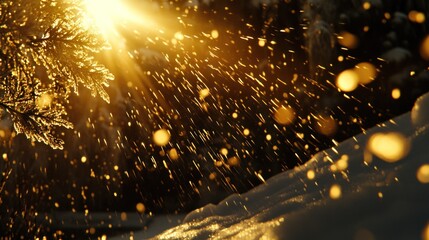Poster - Sunlit winter forest snow falling background