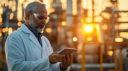 Poster - Senior Scientist in Protective Gear Using Tablet for Data Analysis at Sunset in Industrial Facility with Equipment and Machinery in Background