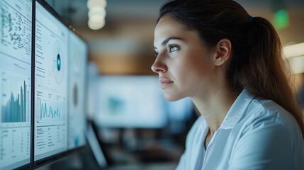 Fototapete - Thoughtful professional woman analyzing data on multiple computer screens in a modern office environment with graphs and statistics displayed