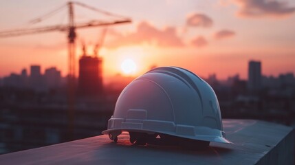 Poster - Sunset city construction hardhat safety