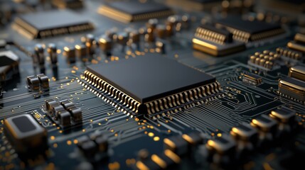 Poster - Detailed Macro View of Modern Microchip and Electronic Circuit Board with Complex Pattern and Glossy Finish, Suitable for Technology Related Projects