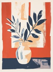 Poster - Abstract Still Life Art with Colorful Vase and Leafy Greenery