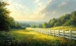 © sunny - Tranquil Landscape with White Picket Fence Green Grass Morning Light