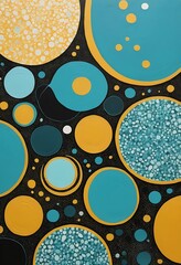 Poster - Abstract Circular Motifs in Teal, Yellow and Black on a Dotted Backdrop