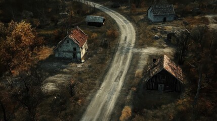 Wall Mural - Aerial View of Rustic Houses and Winding Road in Autumn