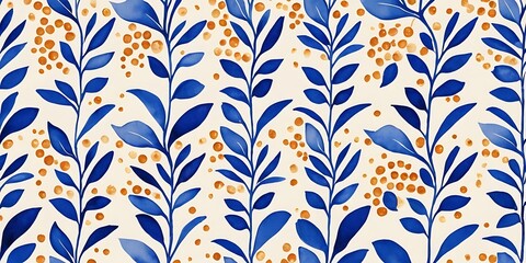 Aufkleber - Botanical Harmony, Seamless Pattern with Indigo Leaves and Amber Berries